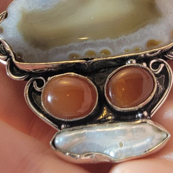 Agate Slice Pendant Necklace – With Carnelian & Pearl + 20" Sterling Chain - Picture 5 of 10